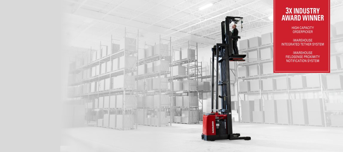 Raymond Class 2 Orderpicker, 3X Industry Award Winner, High Capacity Orderpicker, iWAREHOUSE Integrated tether system, iWAREHOUSE fieldsense proximity notification system
